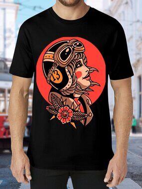 Black Graphic Short Sleeve Tee with Red Pilot Artwork